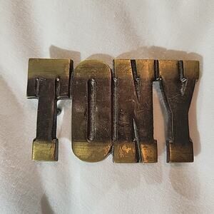 Vintage 1970's Solid Brass 2 Tone Name Belt Buckle Taiwan TONY Missing Bale